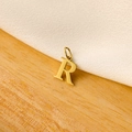 Macro detail of a golden letter R metal pendant on wood and white satin background - 14k Letter - R (letter Height 1cm)