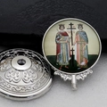Detail of a metal Orthodox religious icon with silver base featuring Saint Constantine and Helen - Silver-11 (Constantine and Helen)
