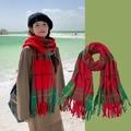 Thick red and green plaid scarf with tassels, soft winter knit shawl for women - Red and Green Plaid