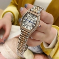 Luxury tonneau watch for women featuring two-tone metal band and diamond bezel - Rose Gold Case White Dial Two-tone Steel Strap