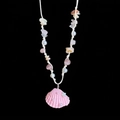 Detail of beaded beach necklace with pink shell pendant and white woven cord - Pink Fan-shaped Shell Pearl Pendant (Style 6)