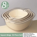 8-piece square beige colander and bowl set with nesting design and handles - Cream White - 8-Piece Set