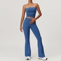 Women's dark blue yoga set with white contrast stitching, sports top and flare leggings - S / Tank + Long Pants / Night Sky Blue