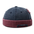 Bonnet docker vintage bicolore bleu marine et bordeaux avec broderie - Réglable / Chapeau Bleu avec Bord Rouge