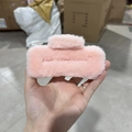 Pink plush square hair claw clip for women's autumn and winter hairstyles - Large Orange Pink (approx. 12cm)