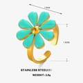 Gouden verstelbare roestvrijstalen ring met groene emaille bloem en een gewicht van 3,8g - Bloemenring / Cyaan