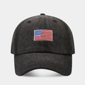 Detailed view of American flag embroidery on dark grey vintage washed denim baseball cap - Adjustable / Black