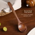 Natural brown wood soup spoon with long handle and rounded head measuring 18.2 cm - Round Head Soup Spoon