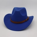Close-up of royal blue wool felt fedora hat featuring a brown leather belt with buckle - One Size / Royal Blue (With Brown Belt)