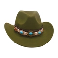 Retro olive green jazz hat featuring an ethnic turquoise and amber stone band - Kids Size (52-54cm) / Army Green
