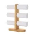 Three-tier bamboo bracelet display stand with white faux leather rollers for watches - White Leather