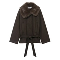 Short dark brown wool coat for women with faux fur collar and matching waist belt - XS / Coffee