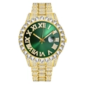 Detailed close-up of a gold luxury watch with a green dial and diamond bezel - Gold And Green Single
