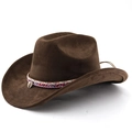 Dark brown faux suede western cowboy hat with ethnic woven band and shell detail - M (56-58cm) / Coffee