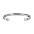 Close-up of engraved inspirational quote and crown icon on silver stainless steel cuff - Sister Steel Color (B1023)