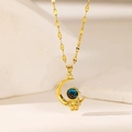 Golden astronaut and crescent moon pendant necklace with blue nebula faceplate on steel chain - Gold + Lip Chain - Astronaut Moon