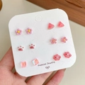 Set of 6 pairs of cute pink stud earrings featuring flowers, watermelon, and cloud shapes - BQ3-1 Pink / 6 Pairs Set