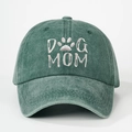 Vintage washed green baseball cap with DOG MOM embroidery and adjustable ponytail back - One Size / Dark Green
