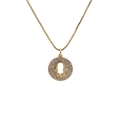Golden Hamsa hand pendant necklace with sparkling crystal inlay on white background - Round Hollow Hamsa Hand With Zirconia