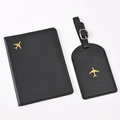 Black PU leather passport cover and luggage tag set with golden airplane pattern - Black Airplane