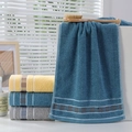 Thick cotton towel set in navy blue, yellow and grey with striped jacquard border - Cotton Dark Plaid Blue (Towel)