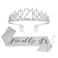 Close-up of 21st birthday kit with silver rhinestone tiara, glitter sash and pearl pin - 21 Years Old Silver (Tiara And Silver Sash And Pin)