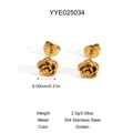 Detail view of 8mm golden rose stud earrings in 304 stainless steel with product specs - Rose Flower Stud Earrings (YYE025034)