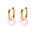 Elegante goldene U-Ohrringe mit zarten rosa Harzblumen-Anhängern für Damen - Gold + Rosa Perlen
