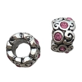 Vintage silver beads with pink crystals and intricate floral engraving for bracelets - Vintage Carved Pink Rhinestone Large Hole Bead