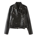 Détail de veste moto vintage en similicuir avec fermeture zippée diagonale et ceinture - XS / Noir