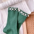 Green ribbed cotton socks featuring white pearl and floral rhinestone embellishments - One Size (EU 34-39) / Green