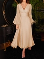 Elegant champagne V-neck pleated maxi dress with puff sleeves for party wear - S / Apricot