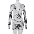 Detail of deep V-neck and drawstring ruching on tie-dye slim fit mini dress - S / Tie-Dye Gray White
