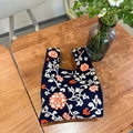 Knit tote bag with orange floral pattern on dark blue background and double handles - Navy Blue Hydrangea