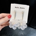 Elegant long floral earrings with white layered petals and white pearl accent - Multi-layer Floral Pearl Style (123#) with Steel Earring Post / White