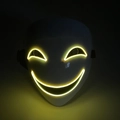 Detail of white clown mask featuring yellow EL wire glowing in dark background - Smiling Style (Yellow Light)