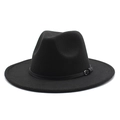 Detail of a black wide brim wool fedora hat featuring a leather strap with silver buckle - M (56-58cm) / Black