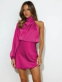 Hot pink satin short dress with asymmetric neck and long sleeve for evening wear - Rose Red