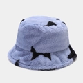 Close-up of light blue plush bucket hat with black stars and soft faux fur texture - M (56-58cm) / Fog Blue
