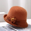 Elegant caramel faux fur cloche hat for women featuring a stylish bow and pom-pom detail - Flower / Caramel color