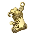 Antique gold Christmas stocking pendant with candy cane and gift box details - 1pc Sock 13x20mm