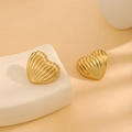 Textured gold heart stud earrings with radiating vertical stripes and polished finish - E6204-30-Striped Heart