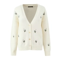 Cárdigan de punto crema estilo francés con bordado floral y elegante escote en V - S / Tops