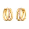 Detail of 18K gold double hoop huggie earrings with shimmering pink cubic zirconia inlay - Gold Color Pink Zirconia