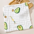 Soft white 6-layer cotton gauze baby face towel with cute avocado print on wood tray - Avocado
