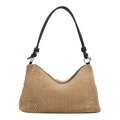 Handmade woven straw tote bag with black leather shoulder strap and silver metal rings - Black