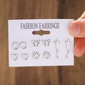 6-pair silver geometric earring set featuring butterfly, cross, and heart shapes - Steel Color (10508)