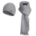 Light gray knitted winter hat and scarf set with ribbed texture and fringe details - Grey (2-Piece Set)