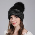 Women's black knit winter beanie with fluffy real raccoon fur pom and silver thread detail - Black + Black Pom Pom