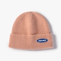 Pink knit beanie for couples featuring thick ribbed texture and blue orderliness patch - Light Pink (21B024)
